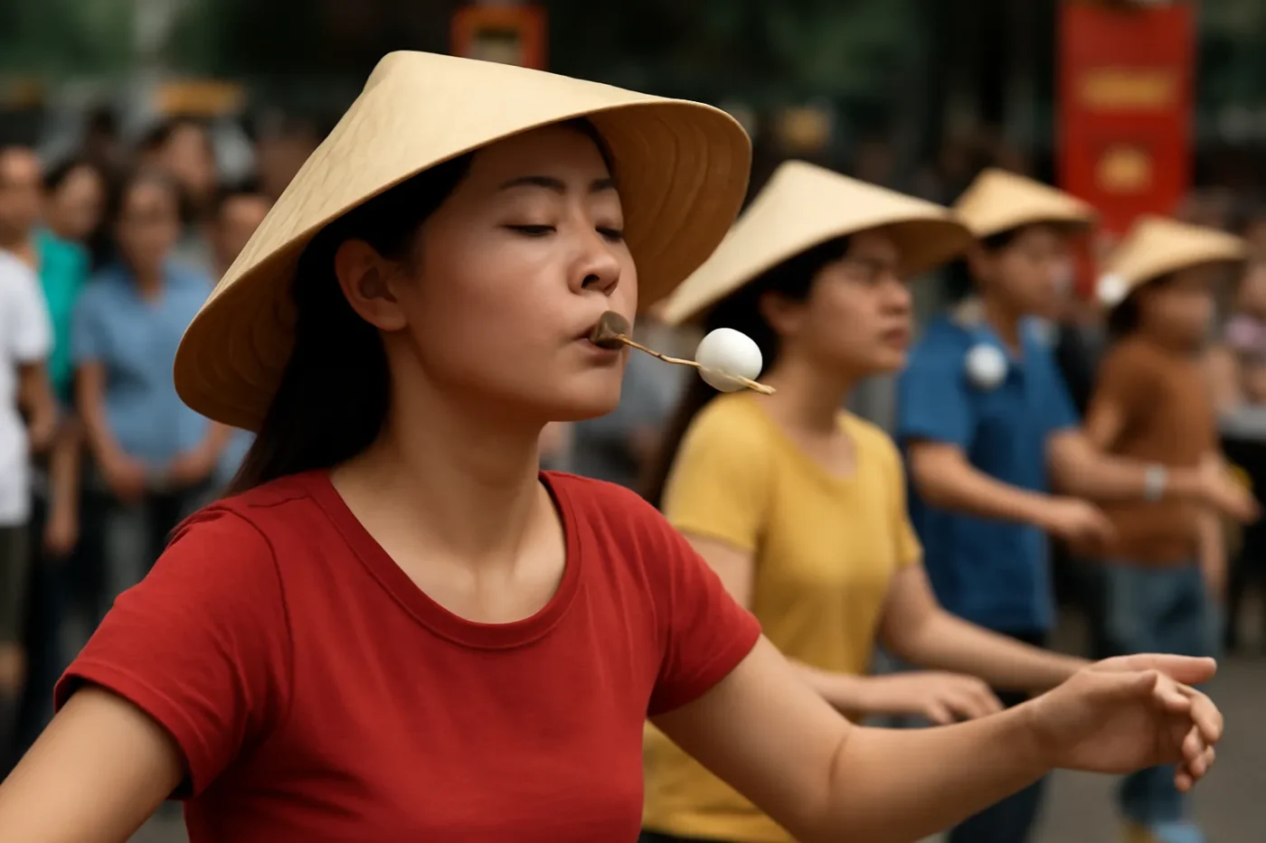 Hình ảnh trò chơi ngậm muỗng trong thau vui nhộn
