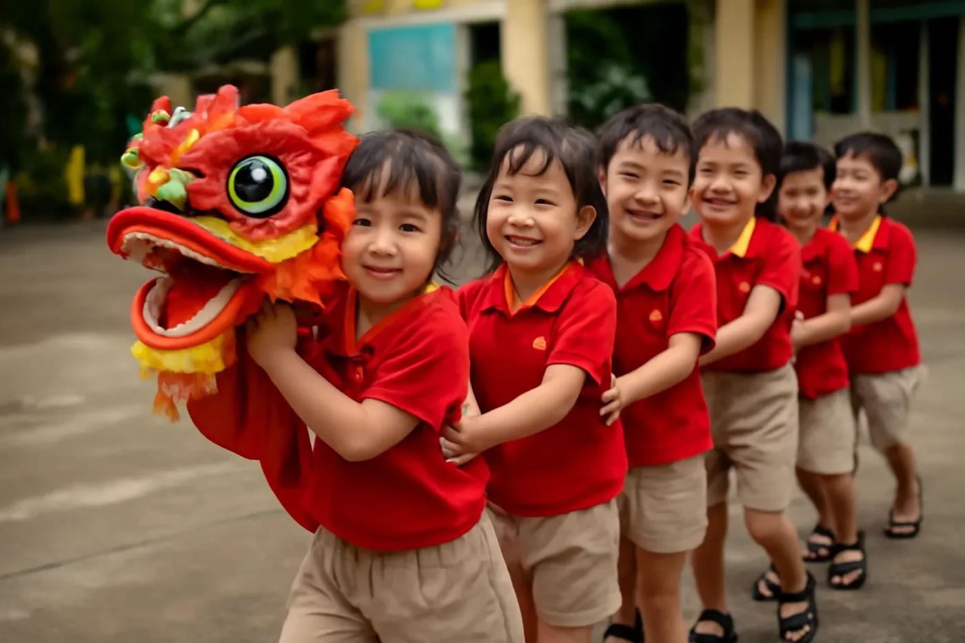 Bé mầm non xếp hàng chơi rồng rắn lên mây