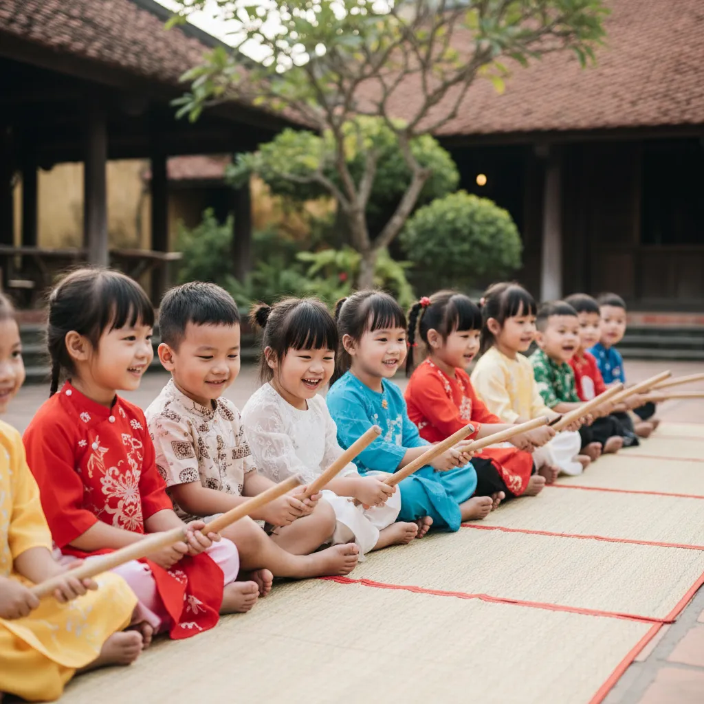 Trẻ mầm non chơi chuyền cây ngồi thành hàng