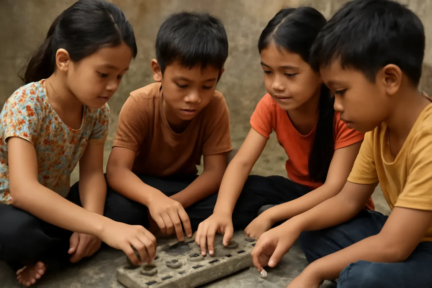 Bé mầm non chơi ô ăn quan với sỏi nhiều màu