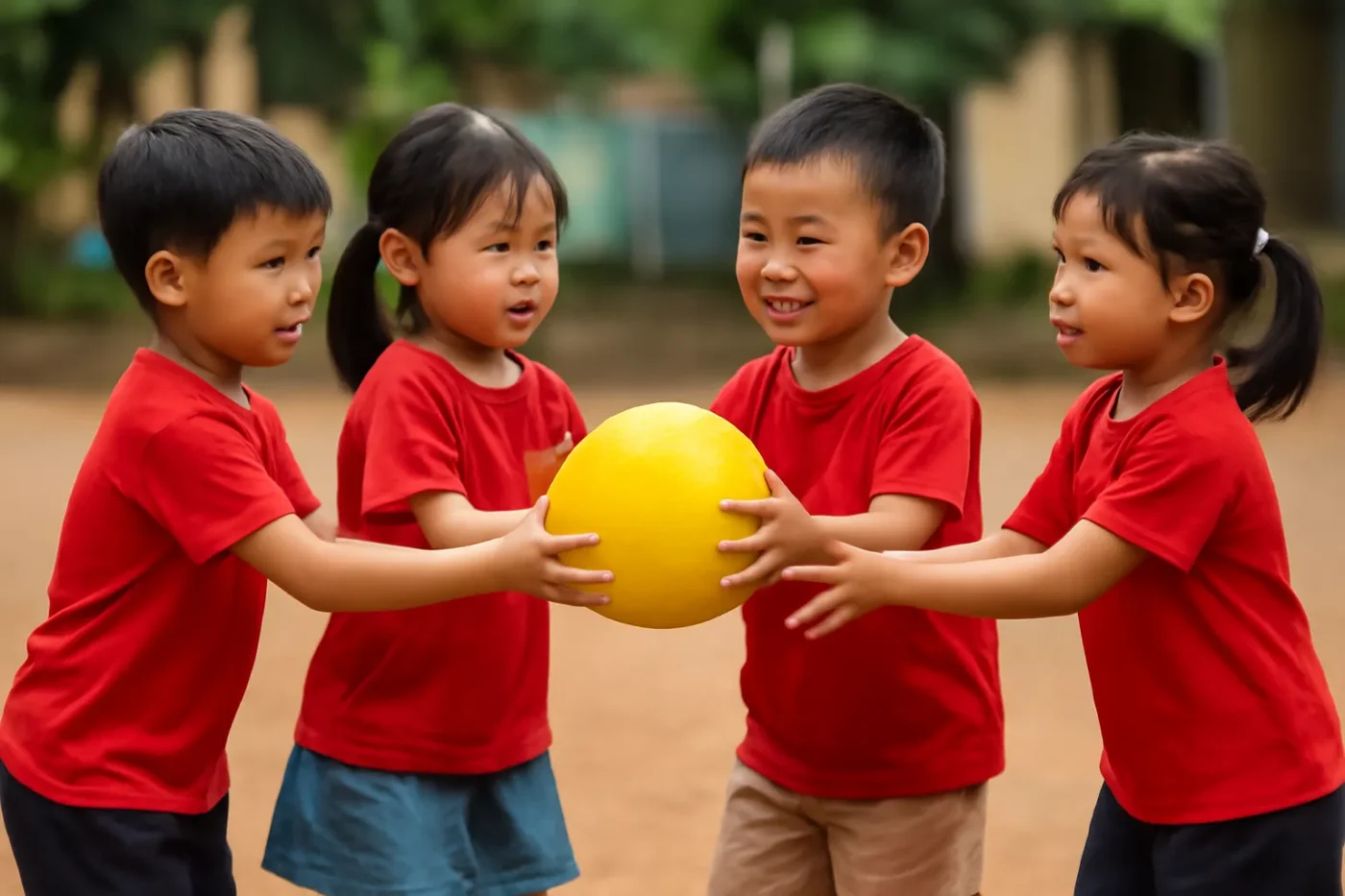 Trẻ mầm non xếp hàng chơi chuyền bóng