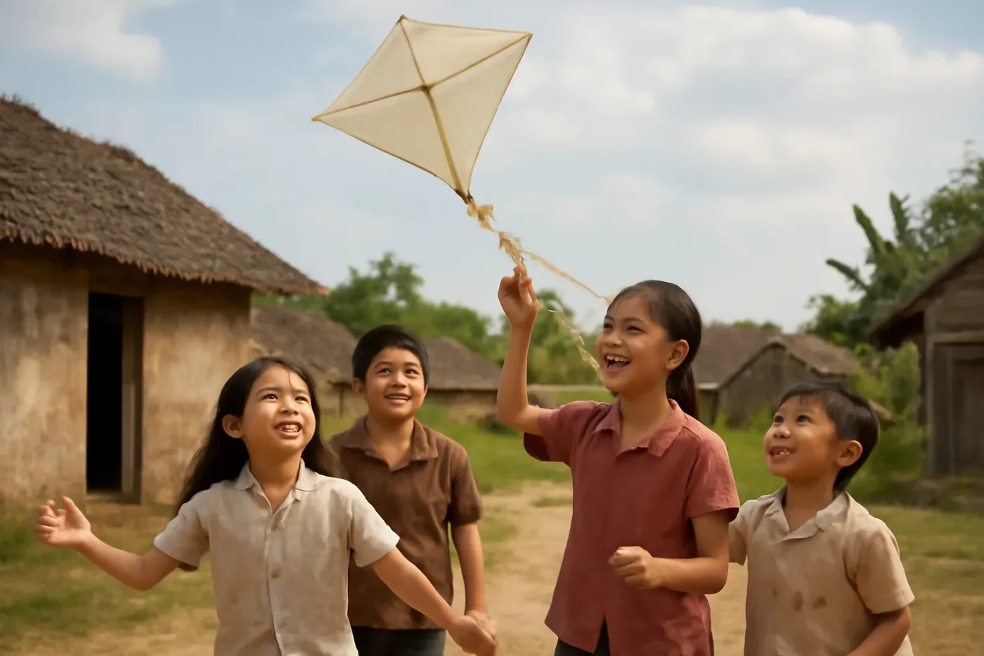 Trẻ em thả diều giấy trên đồng xanh